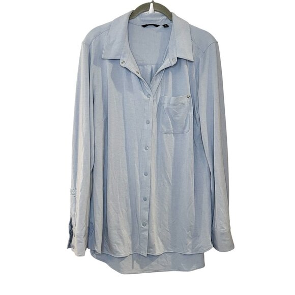 Betabrand Tops - Betabrand Size L Blue Collared Button Long Sleeve Rayon Blend Knit Career Top